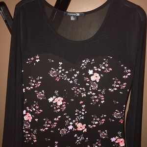 Forever 21 Sheer Sleeve Black Floral Fitted Dress